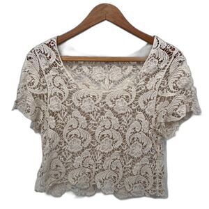 Debut Crochet Lace Cropped Short Sleeve Boho Fairy Core Soft Girl Blouse Sz S/M‎